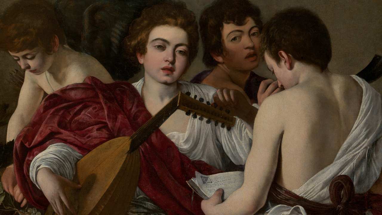 painting of 4 people playing music & reading
